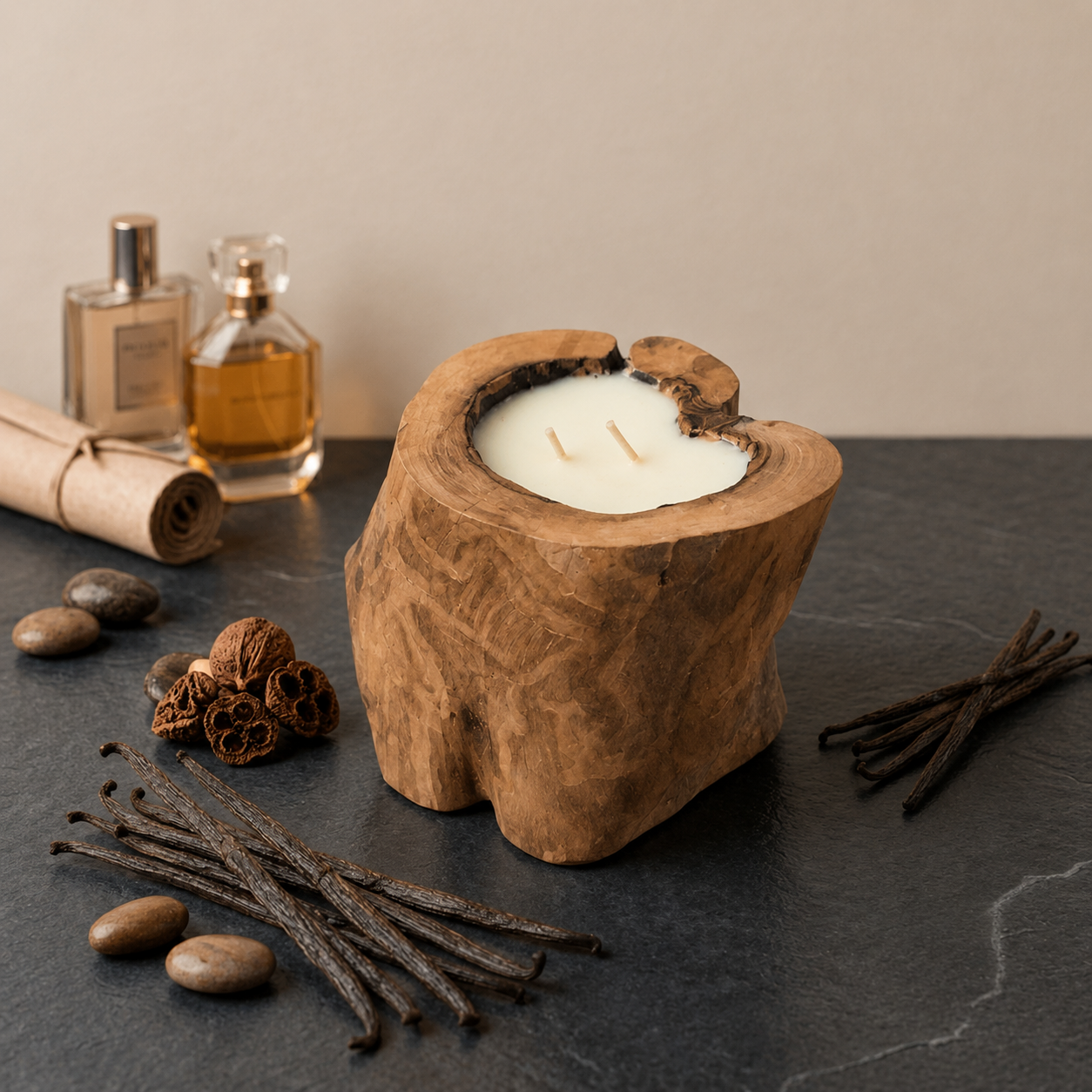 Handcrafted Olive Wood Round Candle – Vanilla