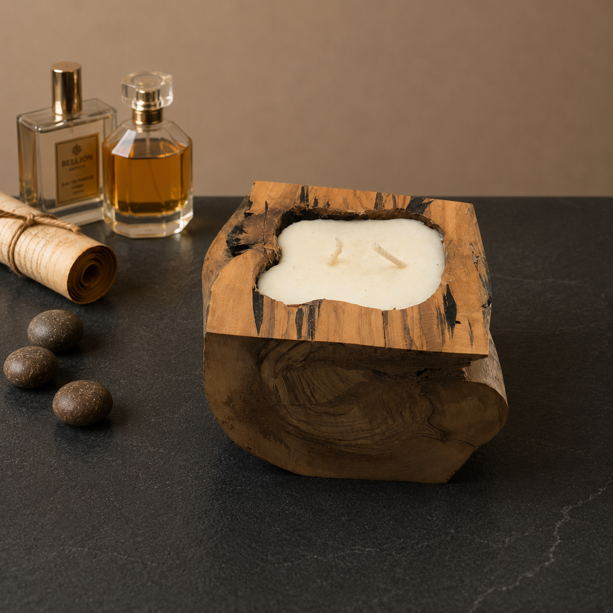 Artisan Olive Wood Cube Candle – Vanilla