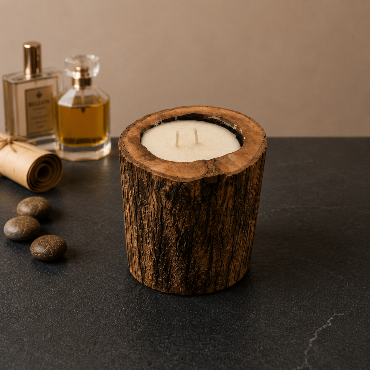 Handcrafted Olive Wood Log Candle – Double Wick Vanilla